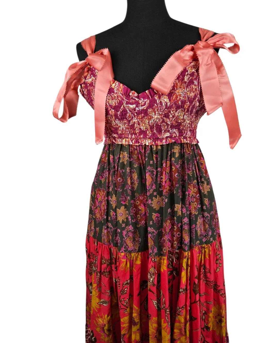 Free People Bluebell Maxi Dress Magenta Combo Floral Boho Smocked Pockets Sz S - Picture 4 of 16
